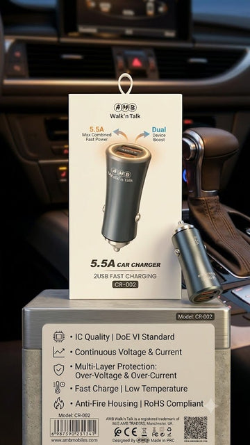 AMB Walk'n Talk 5.5A Dual USB Fast Car Charger